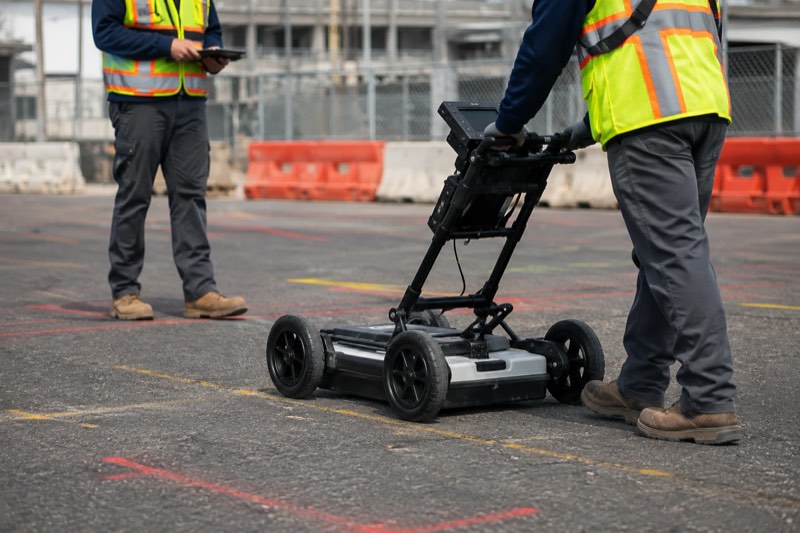 Technician pushing a ground penetrating radar cart across a marked-out deck