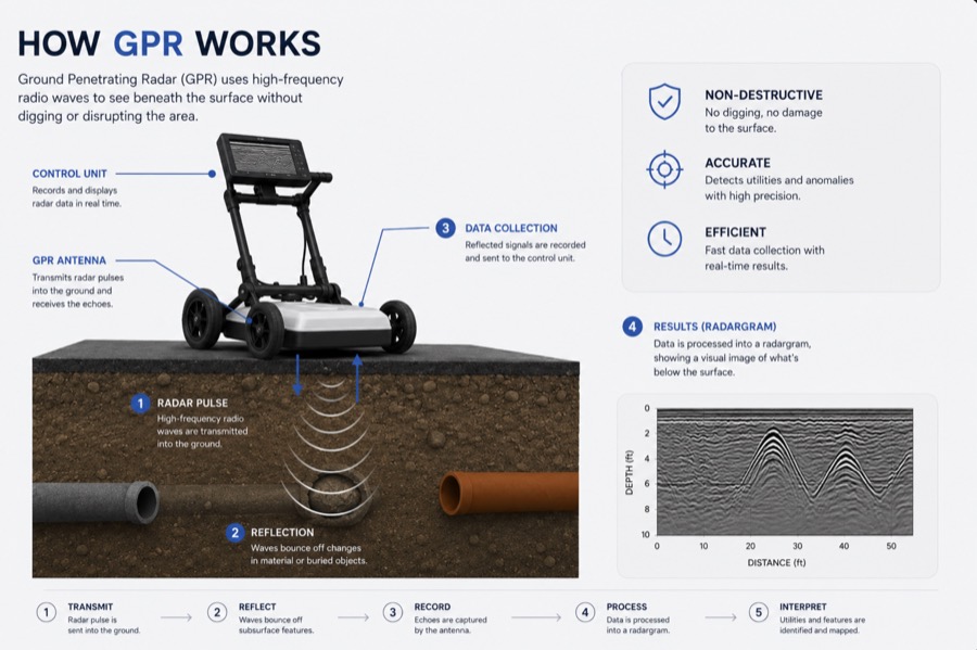 Diagram: a GPR cart transmits radar pulses into the ground, reflections off buried objects are recorded and processed into a radargram